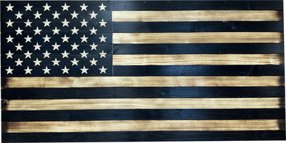 Wooden American flag with black and gold stripes