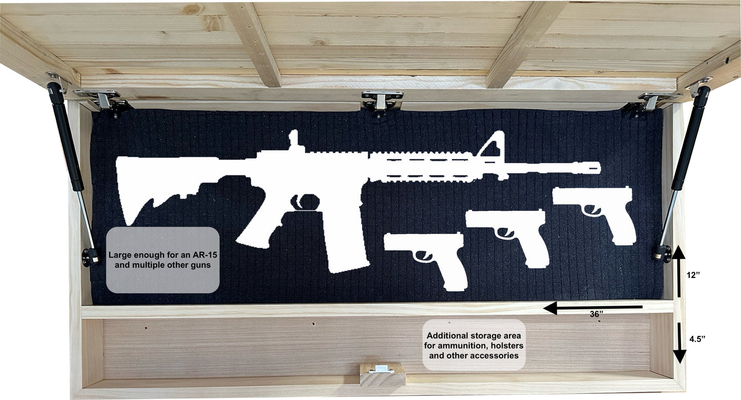 Garage door with a graphic of various firearms and text about gun storage capacity.