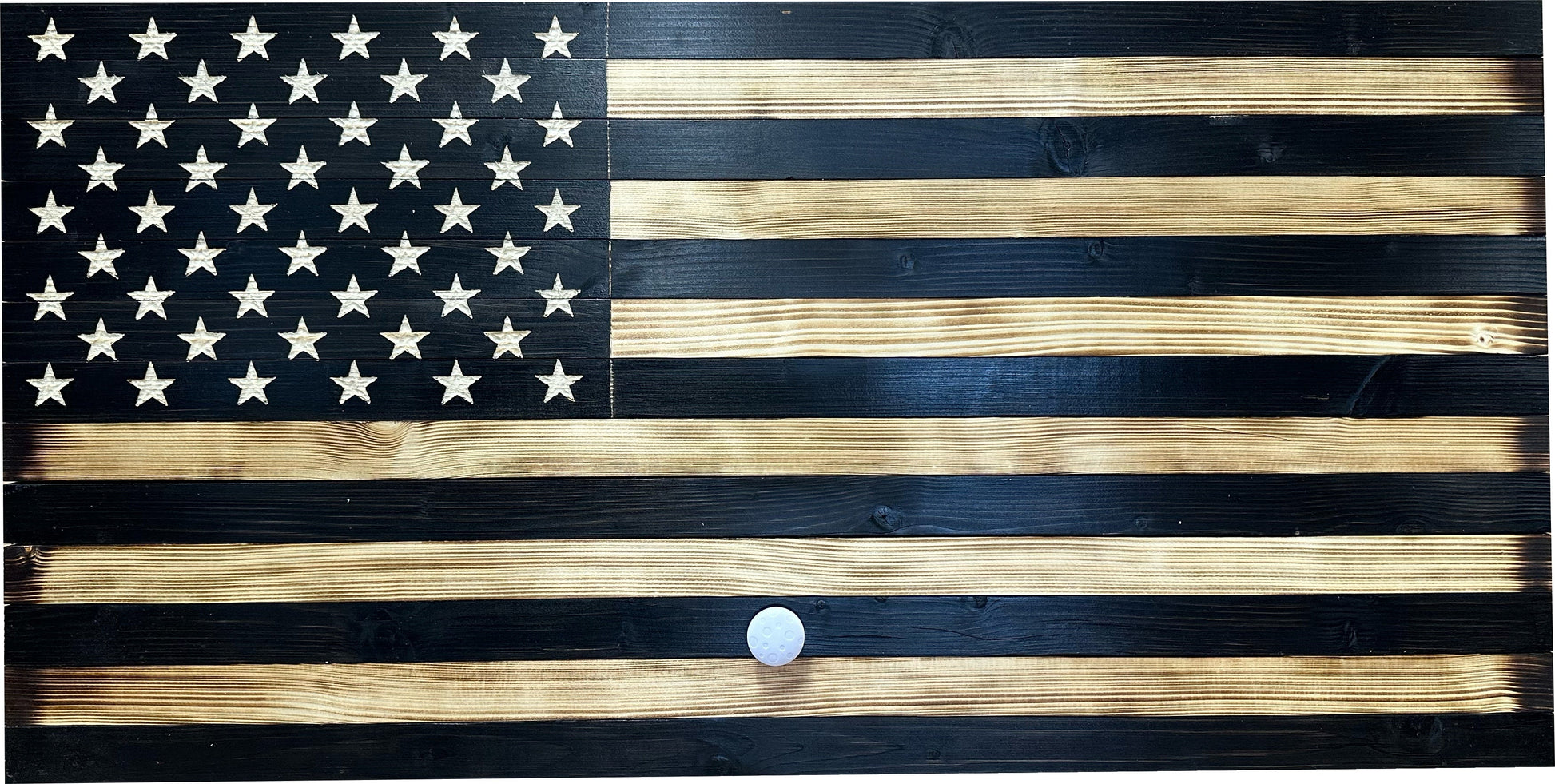 Wooden American flag with a white circle in the center