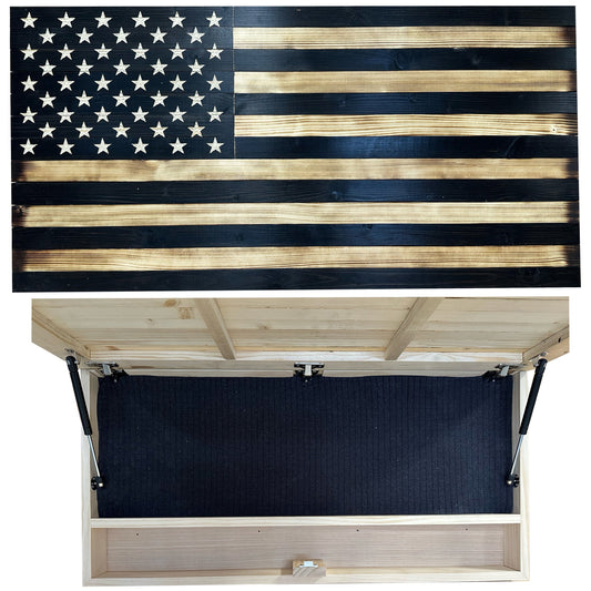 Wooden box with a black interior and an American flag design on the lid.