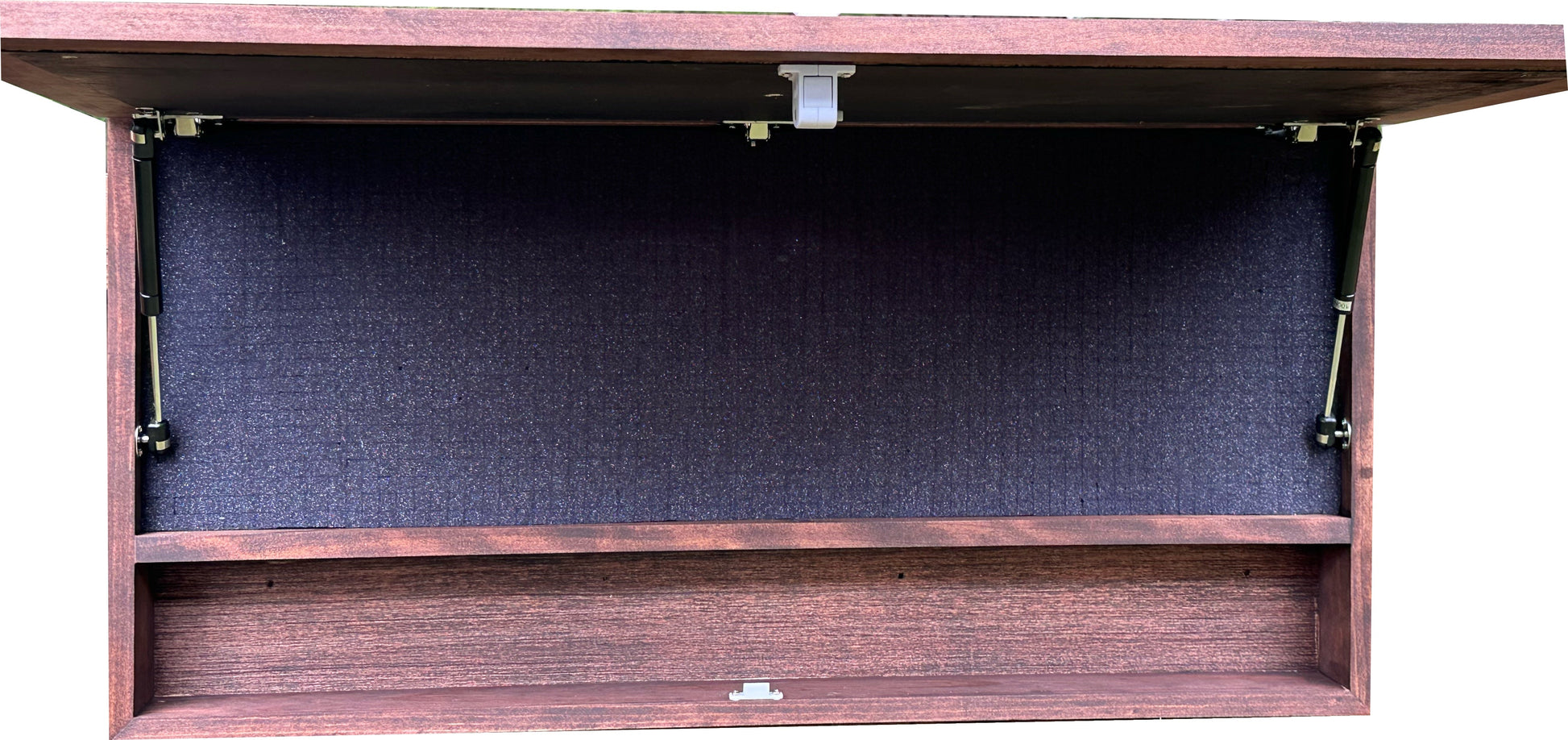 Wooden cabinet with a dark blue interior panel