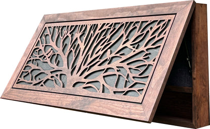 Wooden decorative panel with intricate cut-out design on a white background