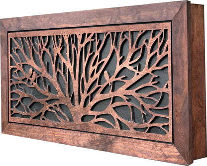 Decorative wall panel with tree branch and bird design in a wooden frame.