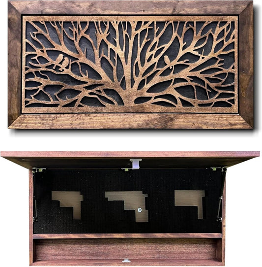 Birds in a Tree Large Gun Concealment Decor - Handcrafted Wooden Gun Cabinets - Gun Shelf Hidden Storage for Rifles, Shotguns, & Handguns - Quick Access Hidden Wall Safe - Hooyah Woodworks LLC