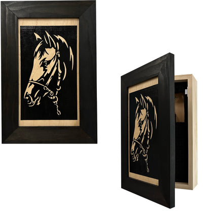Framed artwork of a horse head with a black frame on a white background
