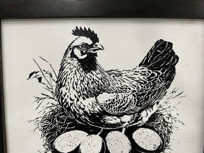 Black and white illustration of a chicken with eggs on a textured background