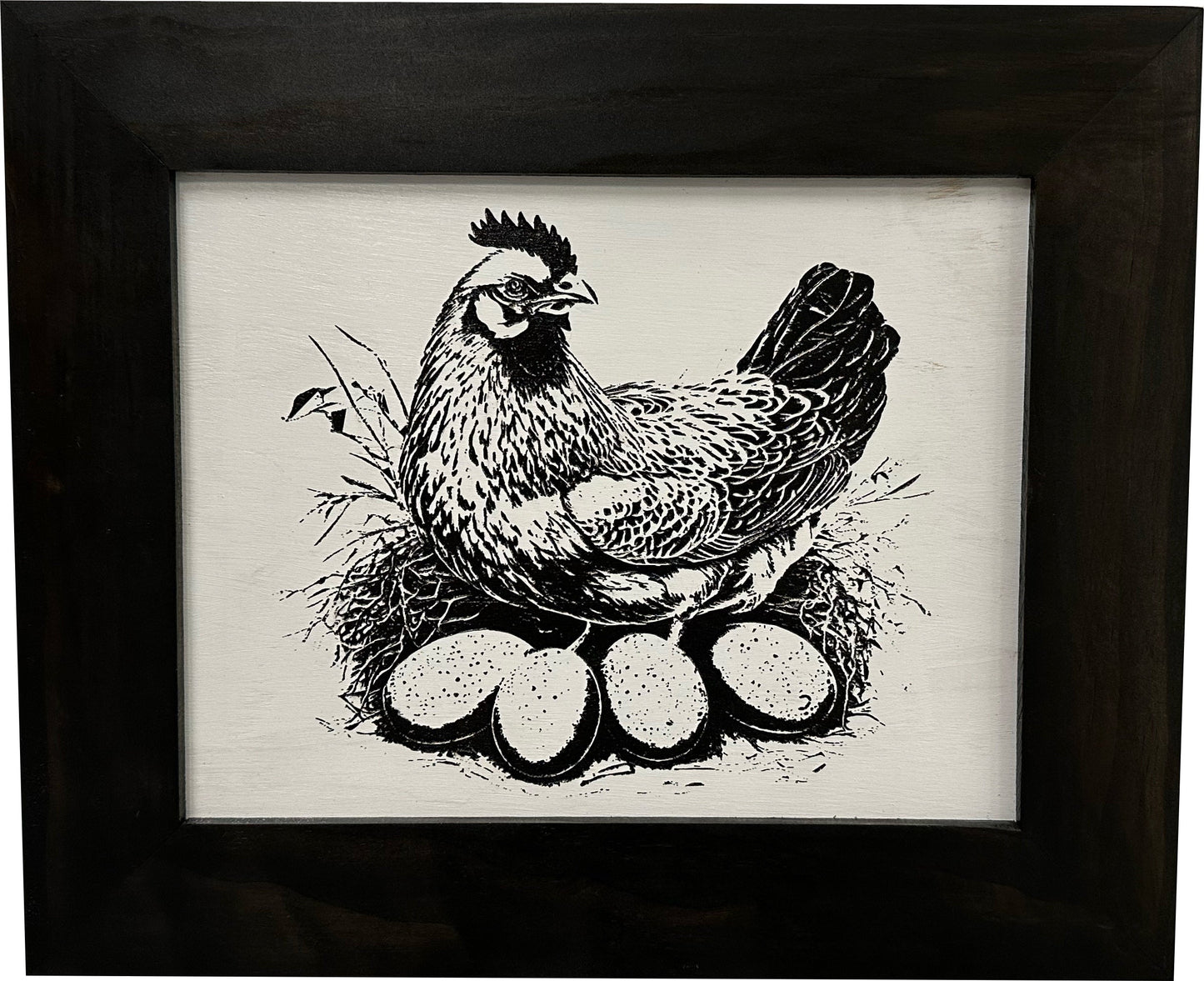Framed artwork of a chicken with eggs on a neutral background