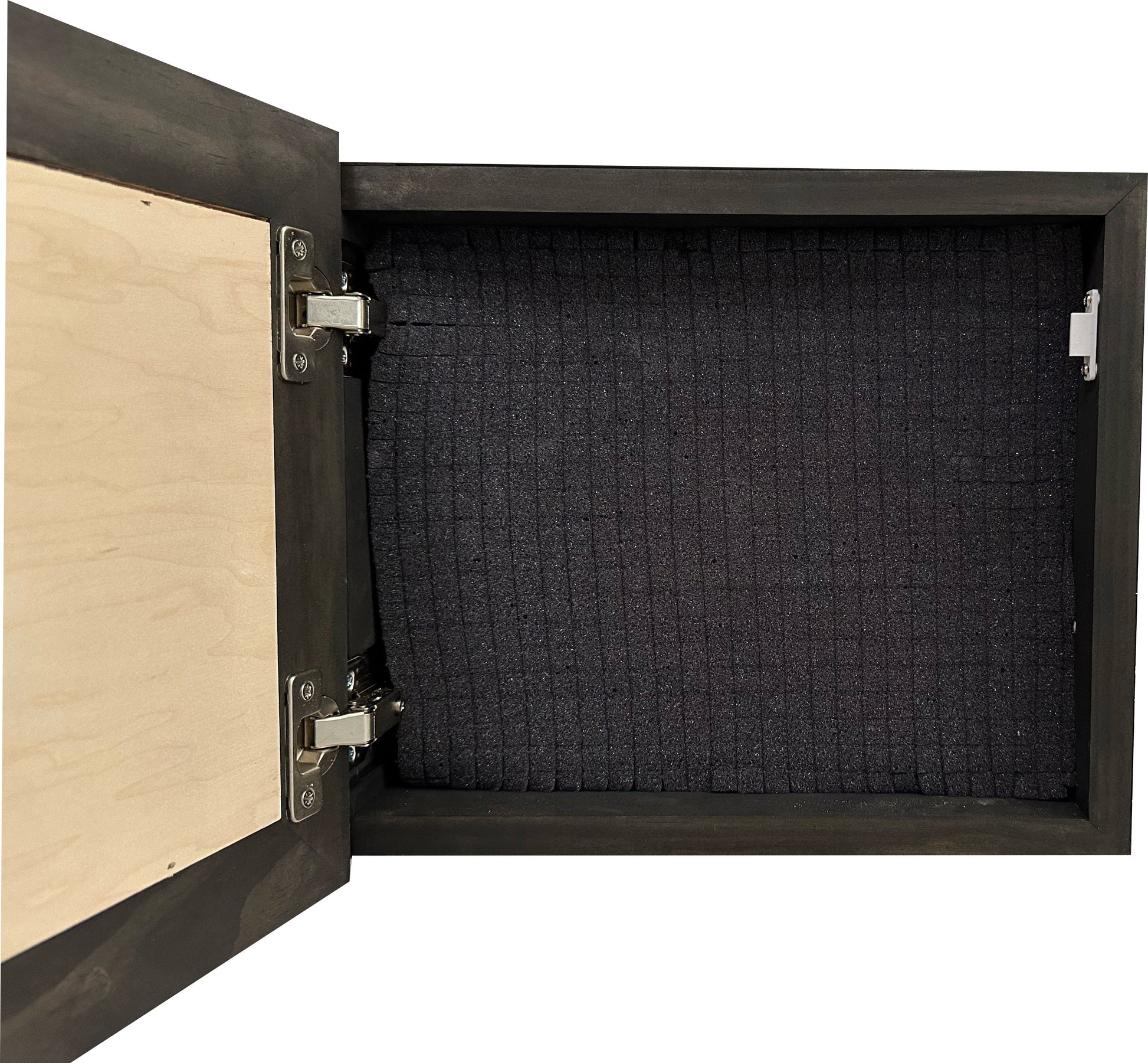 Wooden box with a black interior on a white background