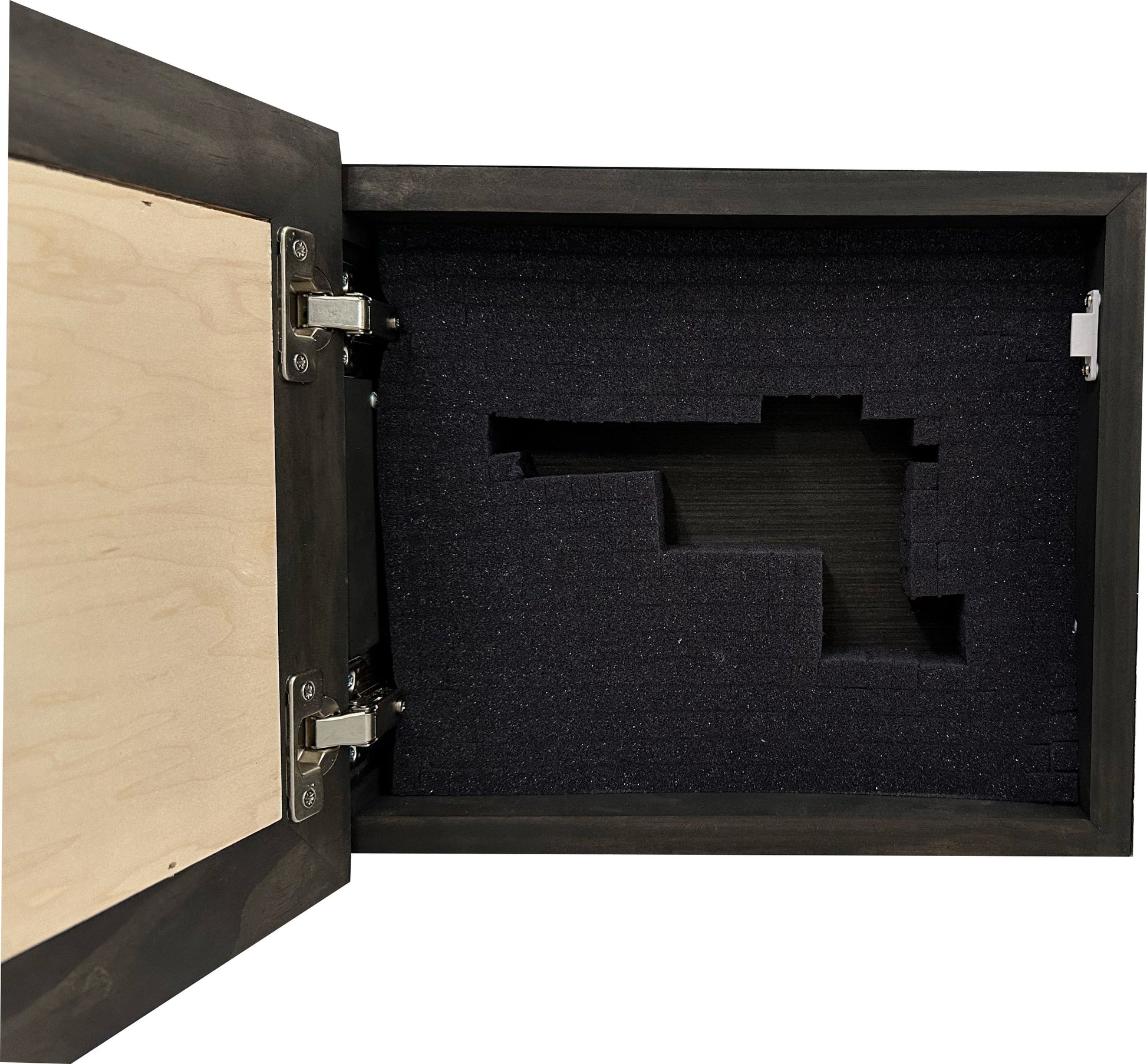 Wooden box with foam interior on a white background