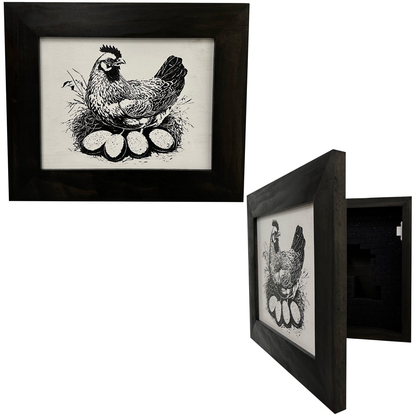 Framed artwork of a chicken with eggs on a white background