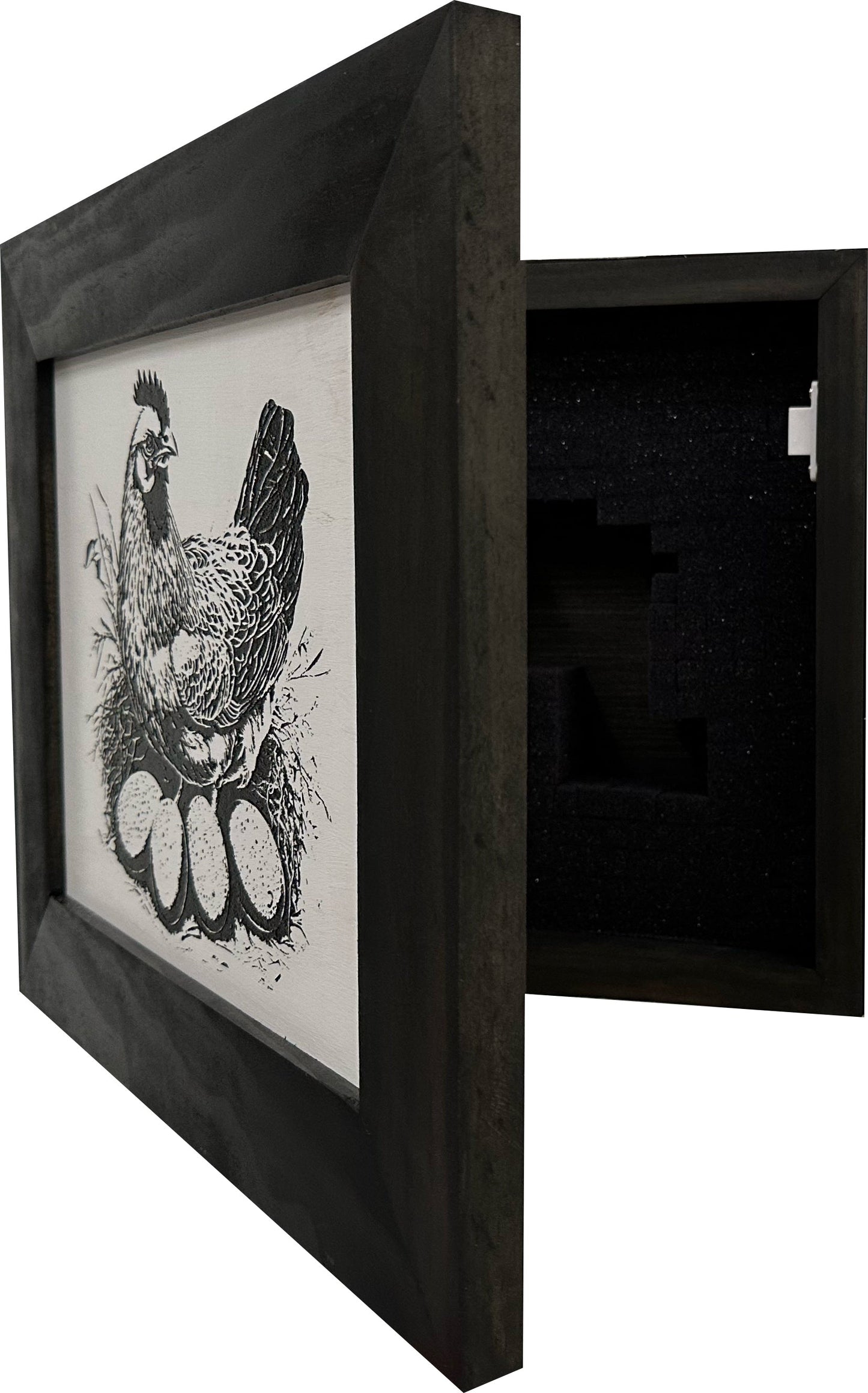 Framed black and white artwork of a rooster on a white background