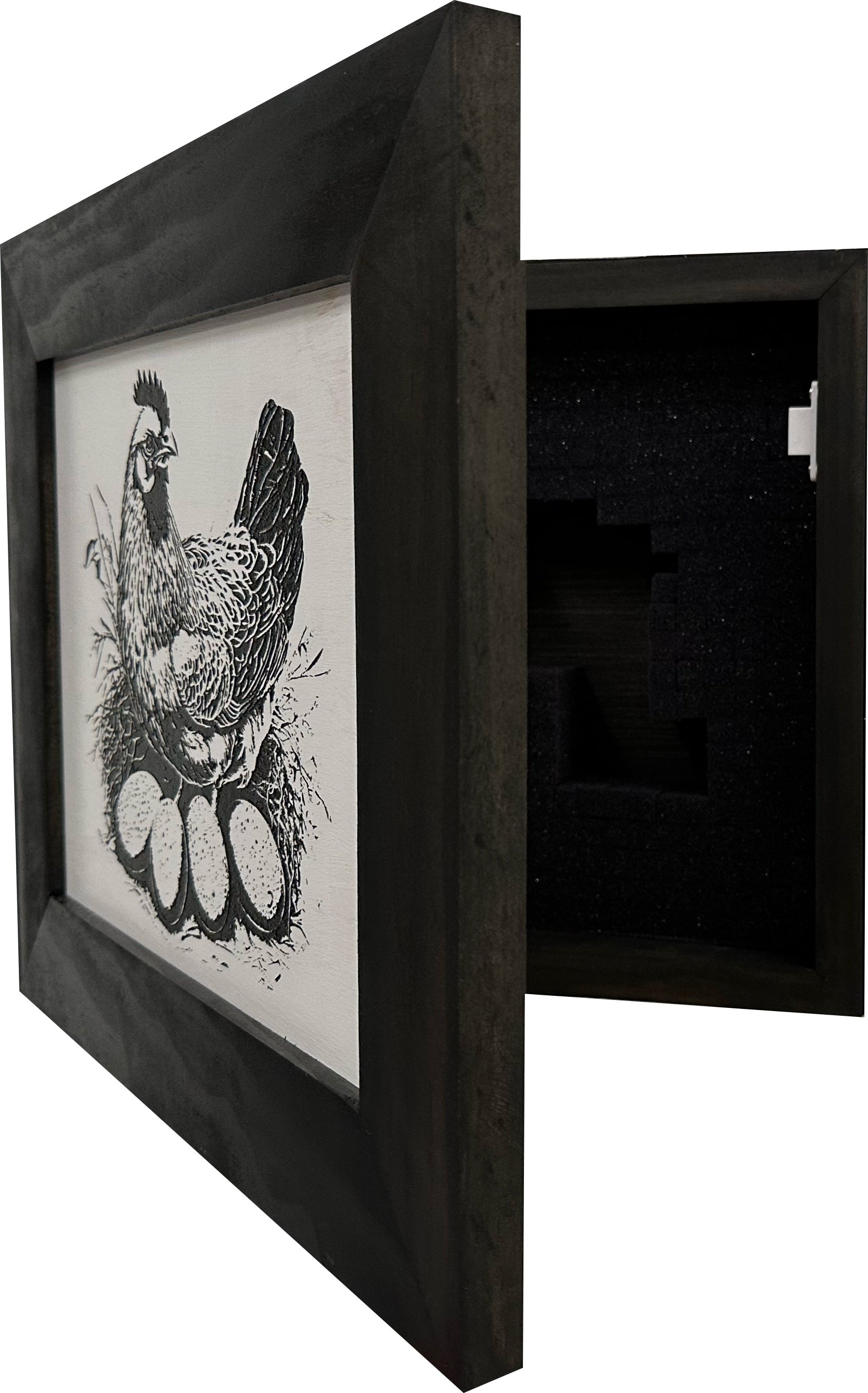 Framed black and white artwork of a rooster on a white background