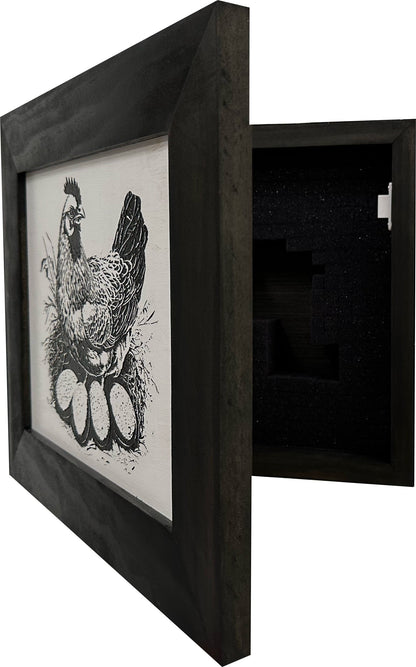 Framed black and white artwork of a rooster on a white background