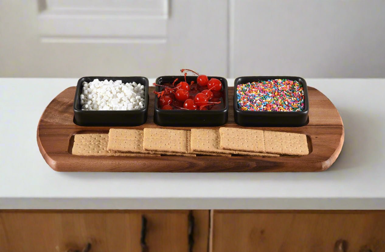 Charcuterie / Serving Tray w/ 3 Square Ceramic Bowls - Hooyah Woodworks LLC