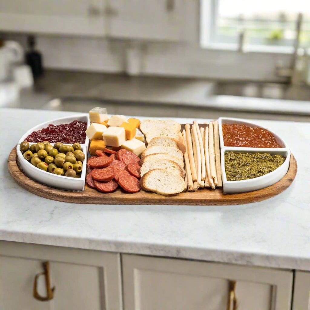 Charcuterie / Serving Tray w/ 4 Triangular Ceramic Bowls - Hooyah Woodworks LLC