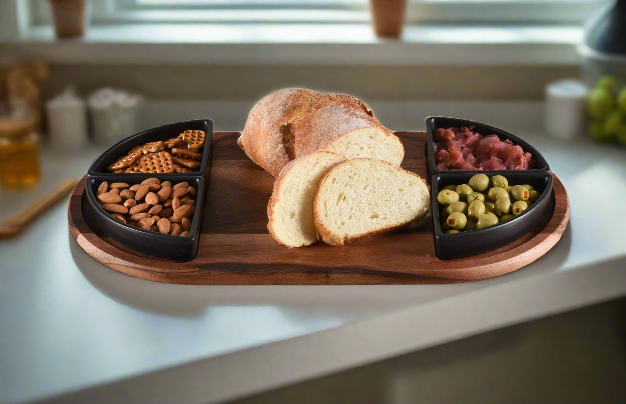 Charcuterie / Serving Tray w/ 4 Triangular Ceramic Bowls - Hooyah Woodworks LLC