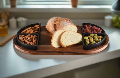 Charcuterie / Serving Tray w/ 4 Triangular Ceramic Bowls - Hooyah Woodworks LLC
