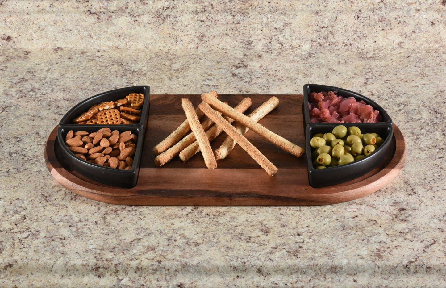 Charcuterie / Serving Tray w/ 4 Triangular Ceramic Bowls - Hooyah Woodworks LLC