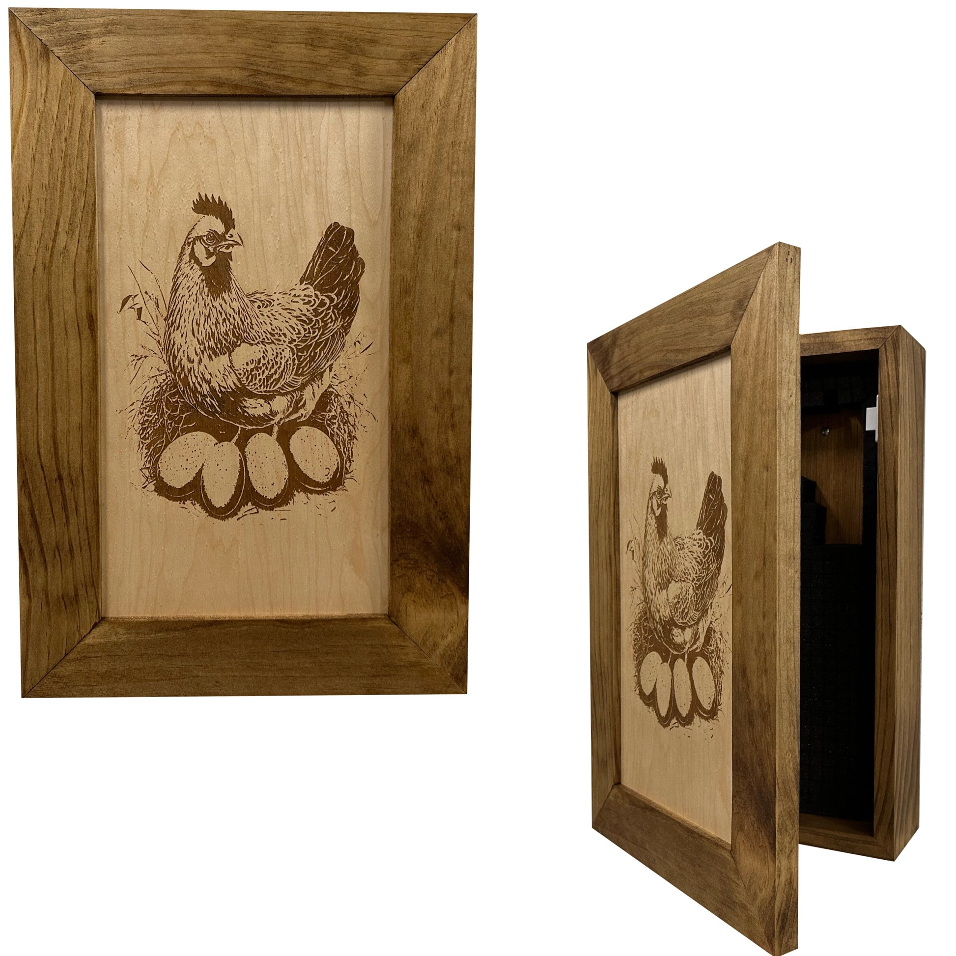 Wooden picture frame with a chicken and eggs design on a white background