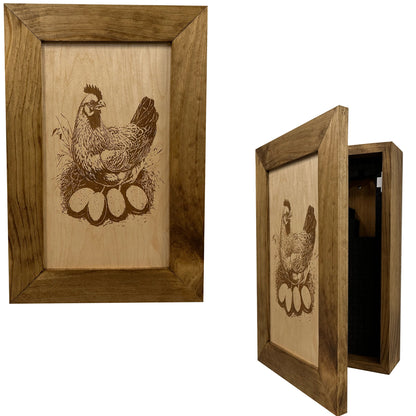 Wooden picture frame with a chicken and eggs design on a white background