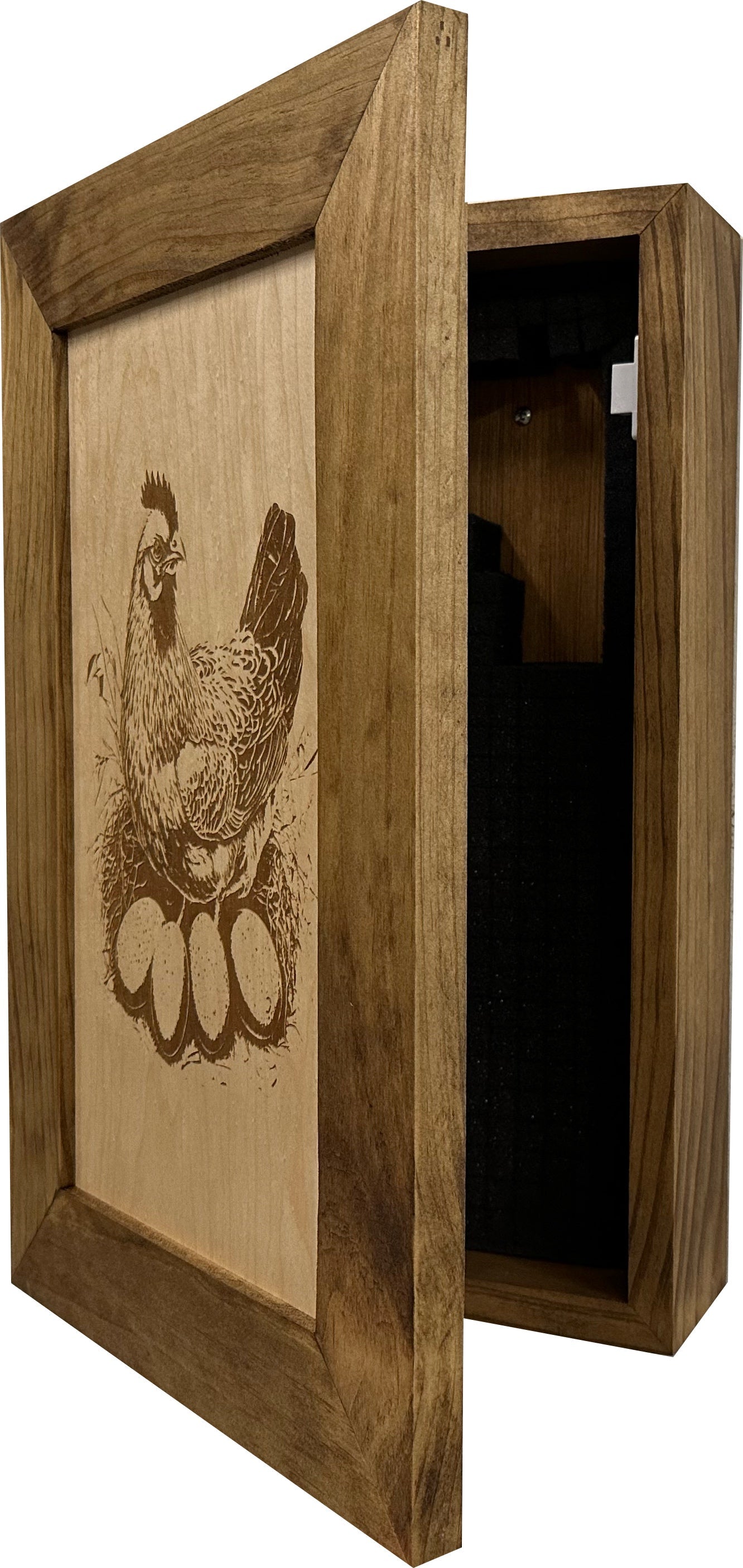 Wooden box with a chicken design on a white background