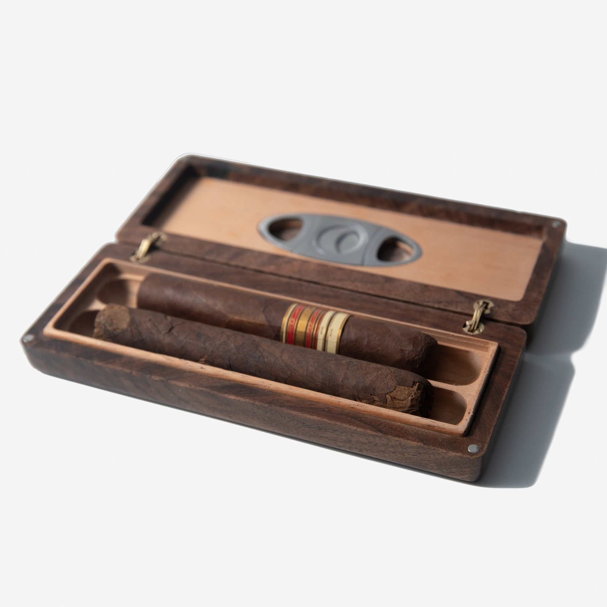 Cigar Travel Case - Redwood Burl Inlay - Personalized Brass Engraving - Spanish Cedar Lining - Hooyah Woodworks LLC