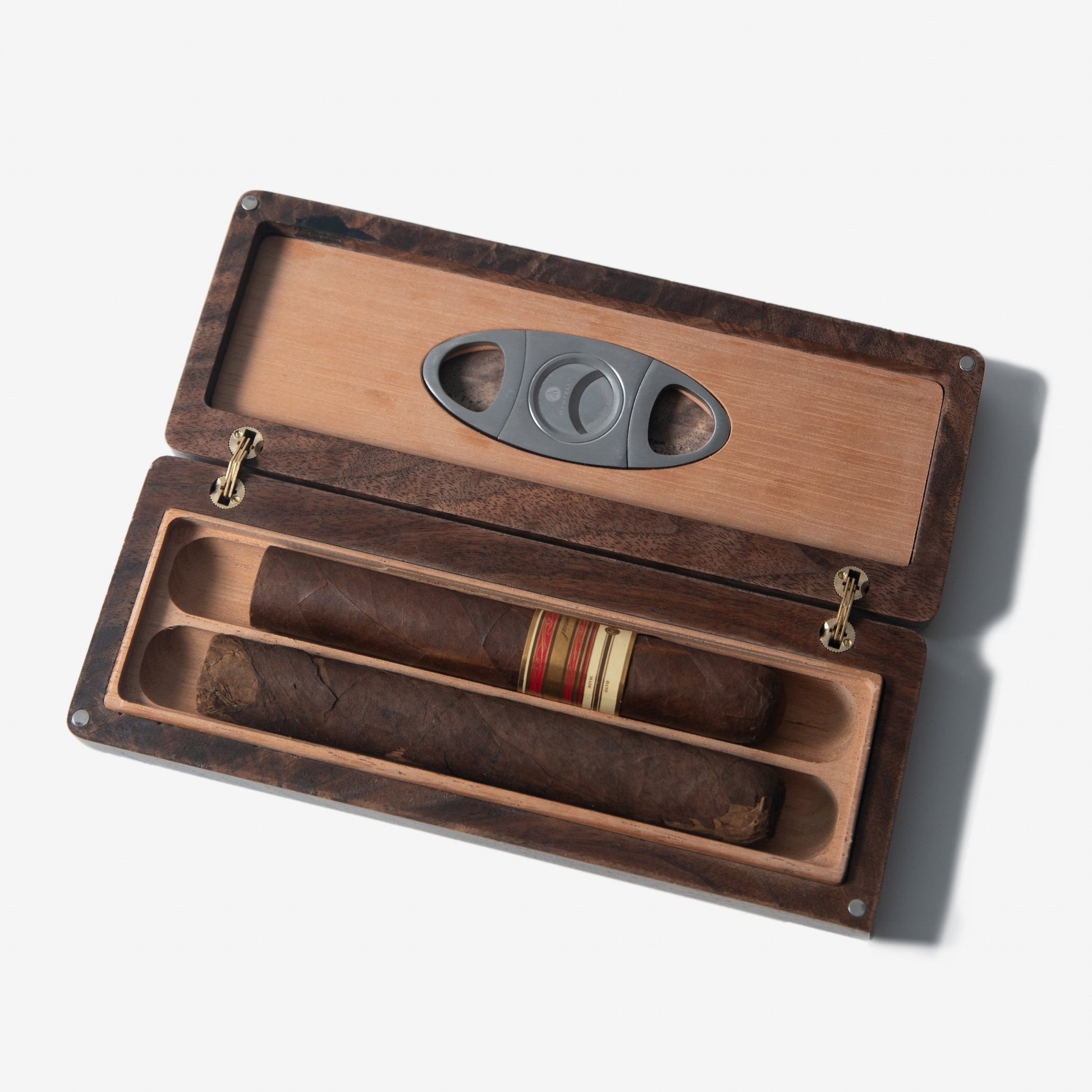 Cigar Travel Case - Redwood Burl Inlay - Personalized Brass Engraving - Spanish Cedar Lining - Hooyah Woodworks LLC