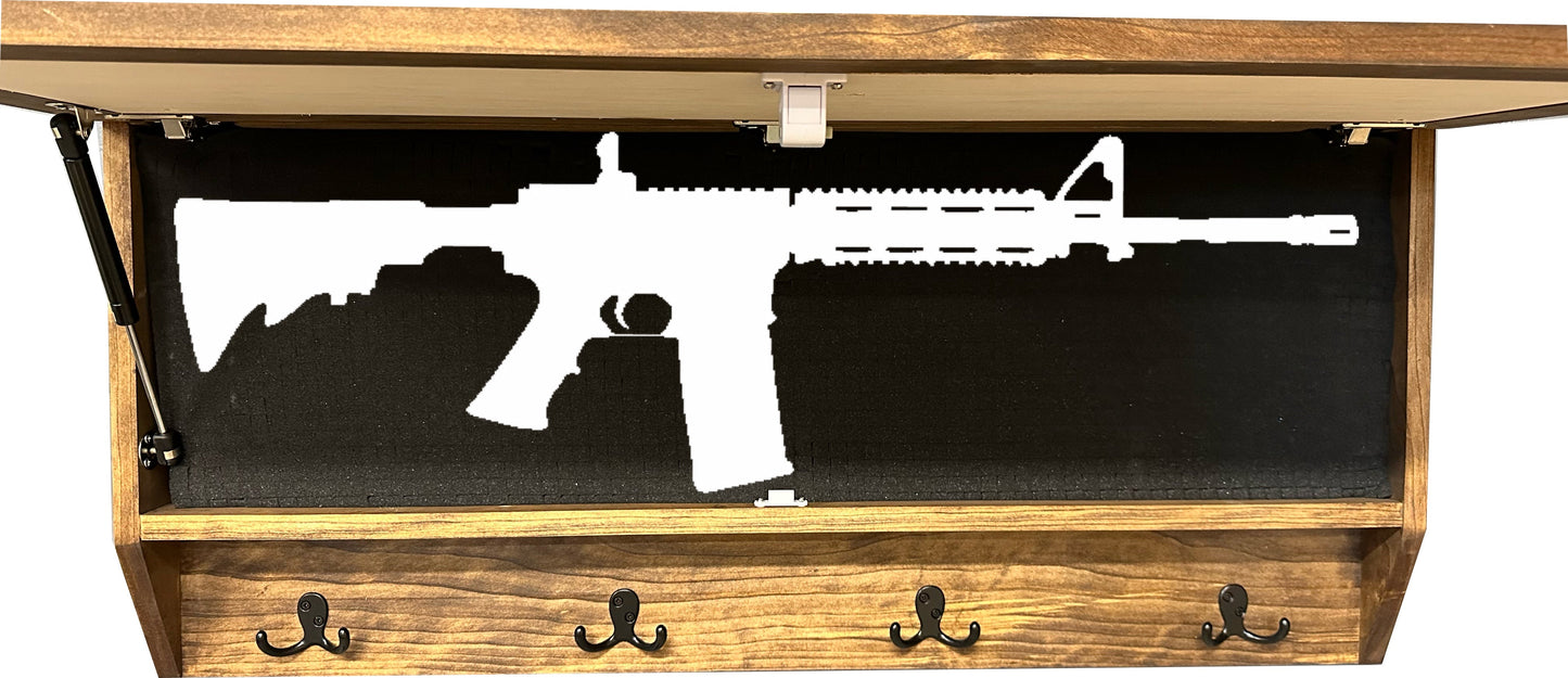 Wooden gun safe with a white silhouette of a rifle on a black background