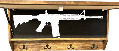 Wooden gun safe with a white silhouette of a rifle on a black background