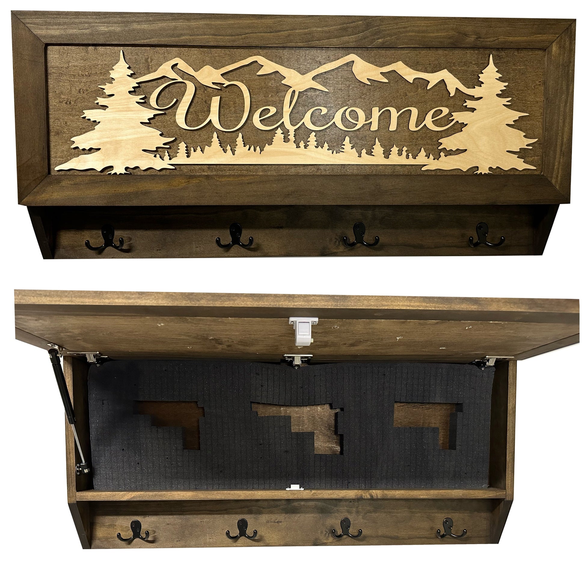 Wooden wall-mounted storage bench with 'Welcome' and mountain design, featuring coat hooks.
