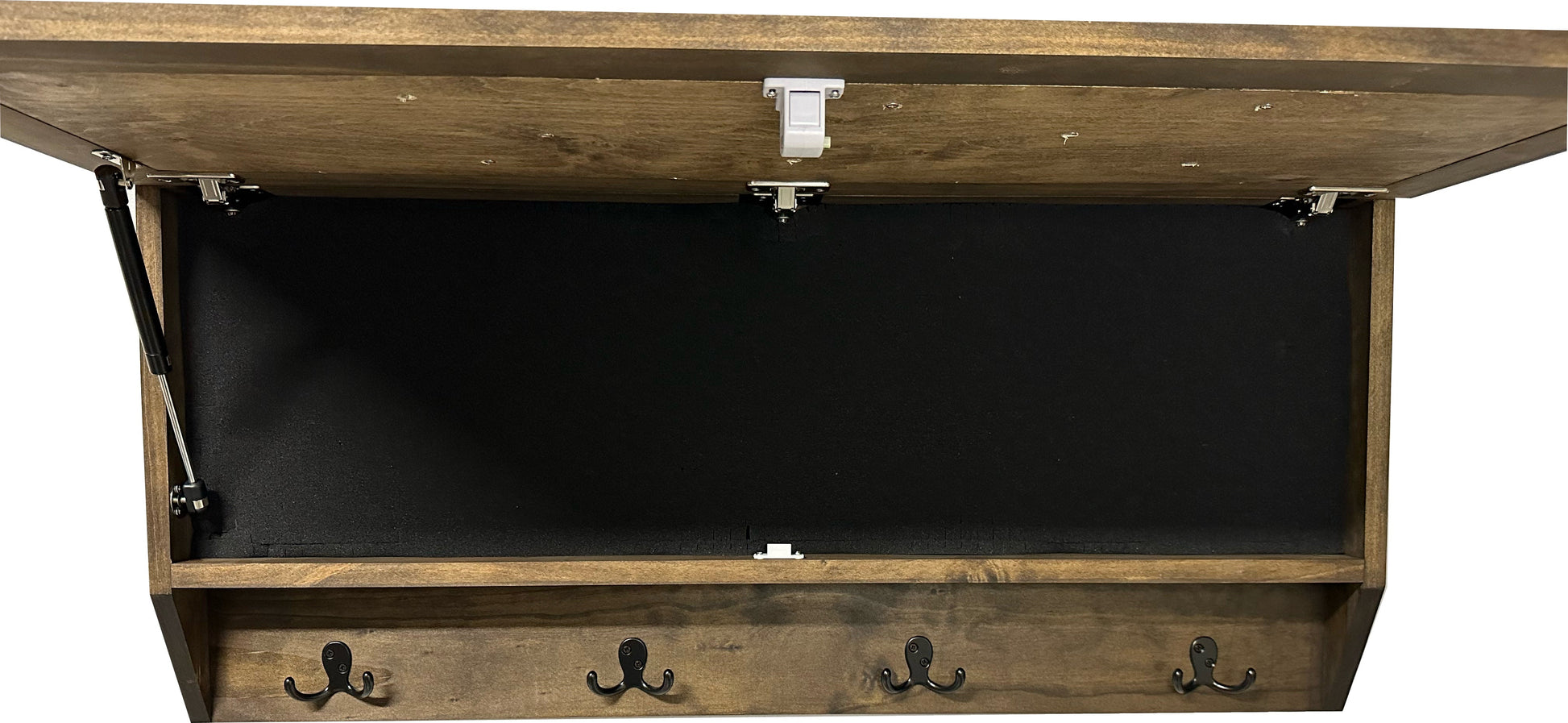 Wooden desk with open shelf and hooks on a white background