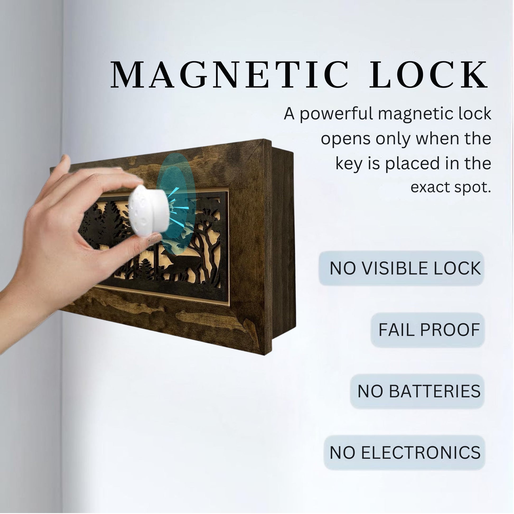 Magnetic lock system with a hand placing a key into it, featuring text highlighting its features.