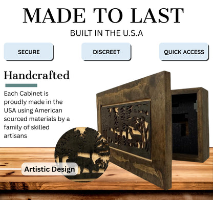 Wooden gun cabinet with decorative design on a wooden surface, featuring text about craftsmanship and location of manufacture.