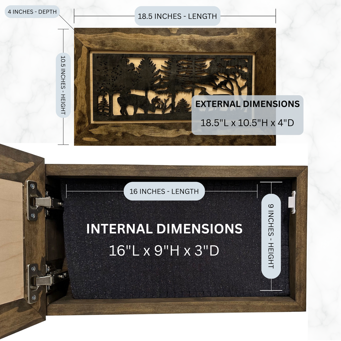 Wooden decorative box with cut-out design and dimensions labeled