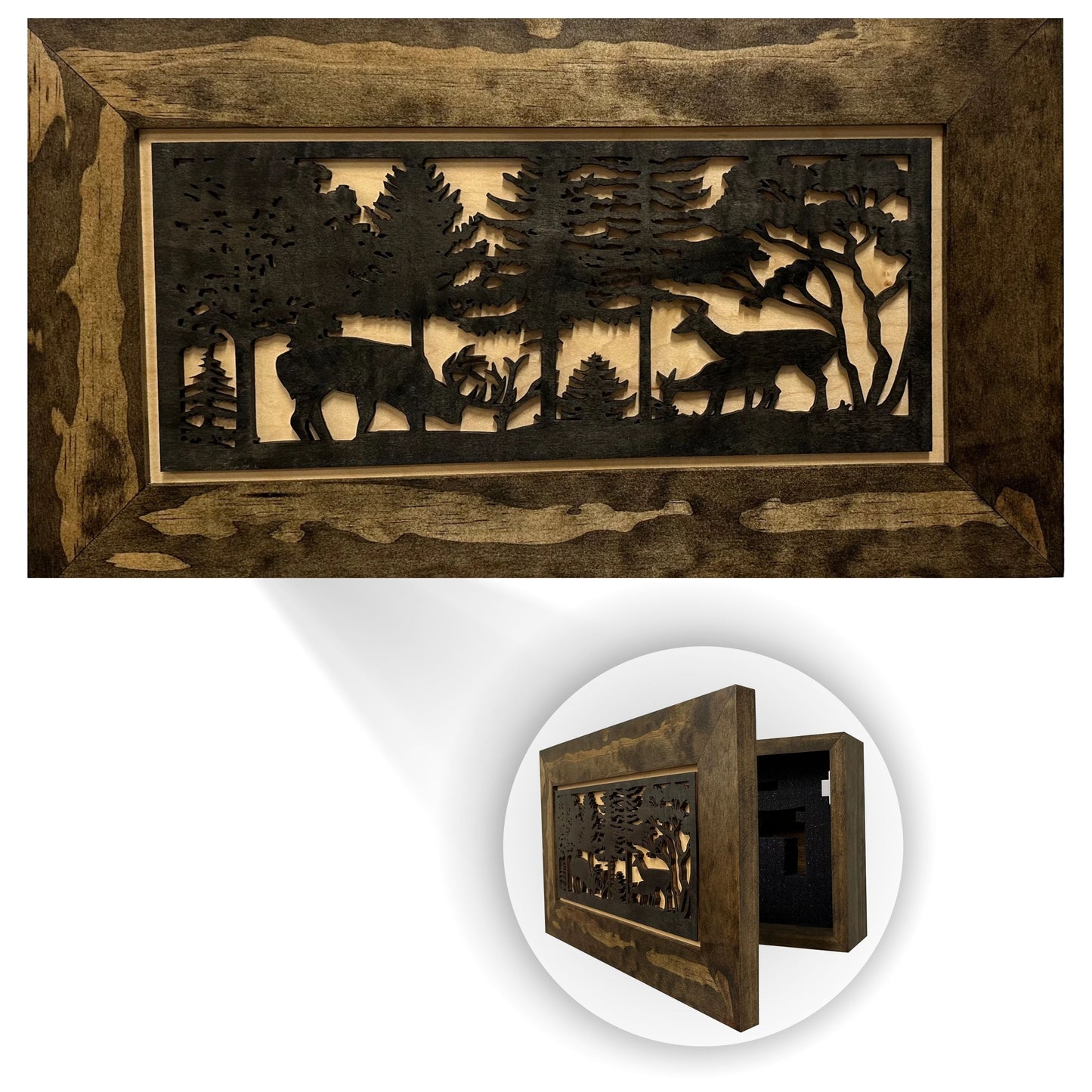 Decorative wall art with cut-out design of deer and trees in a wooden frame.
