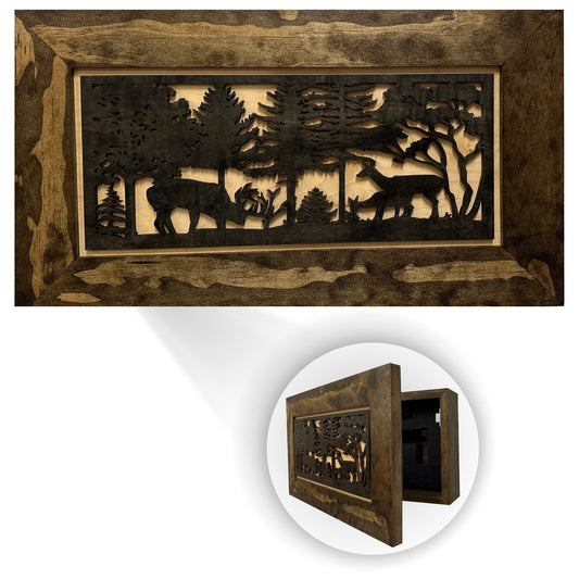 Decorative wall art with cut-out design of deer and trees in a wooden frame.