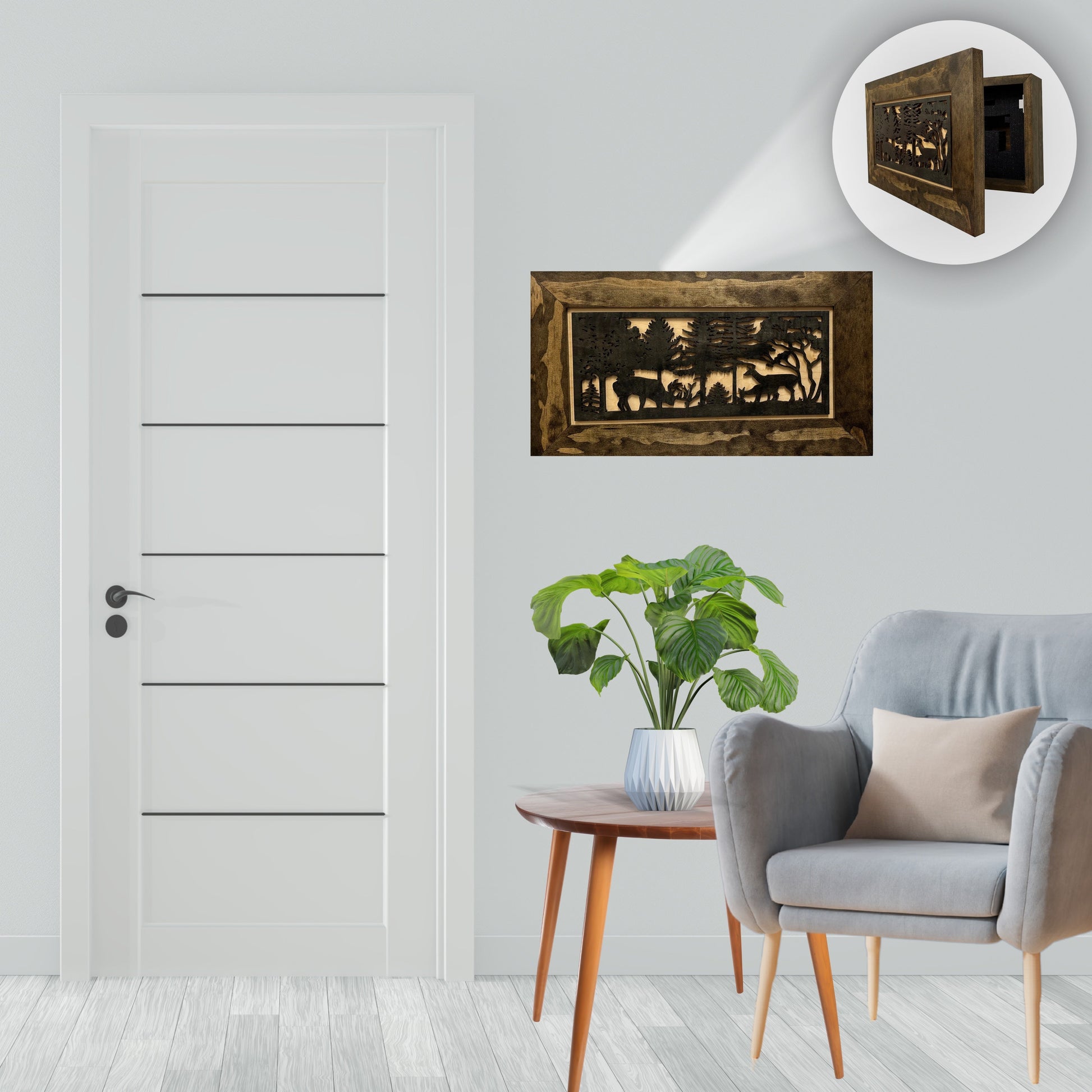 Decorative wall art above a gray armchair in a modern living room.