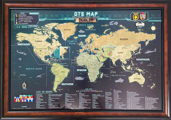 World map with detailed information and a wooden frame