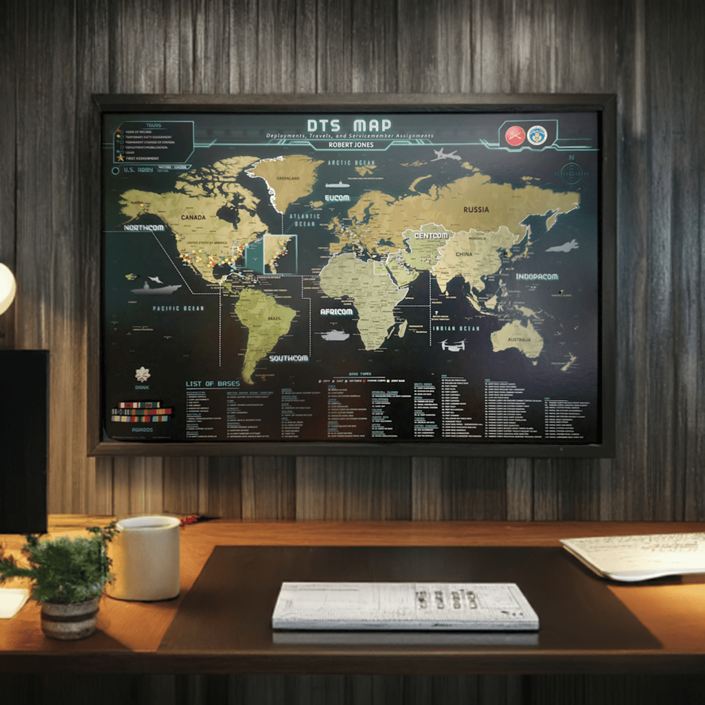 World map on a wooden wall above a desk with office items.