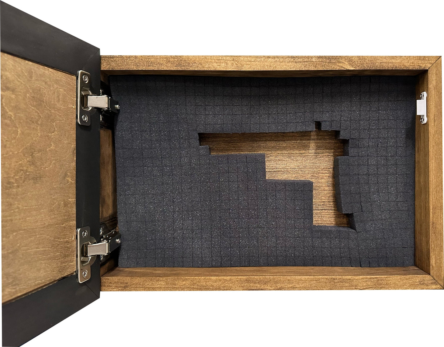 Wooden box with a black interior and a cutout for a product inside.