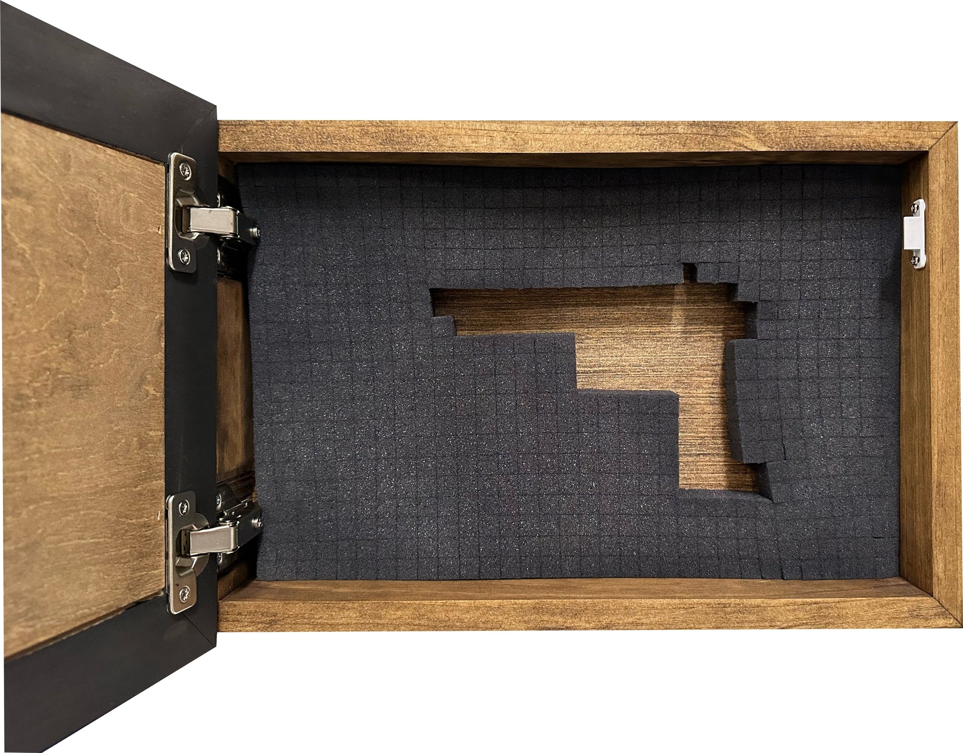 Wooden box with a black interior and a cutout for a product inside.