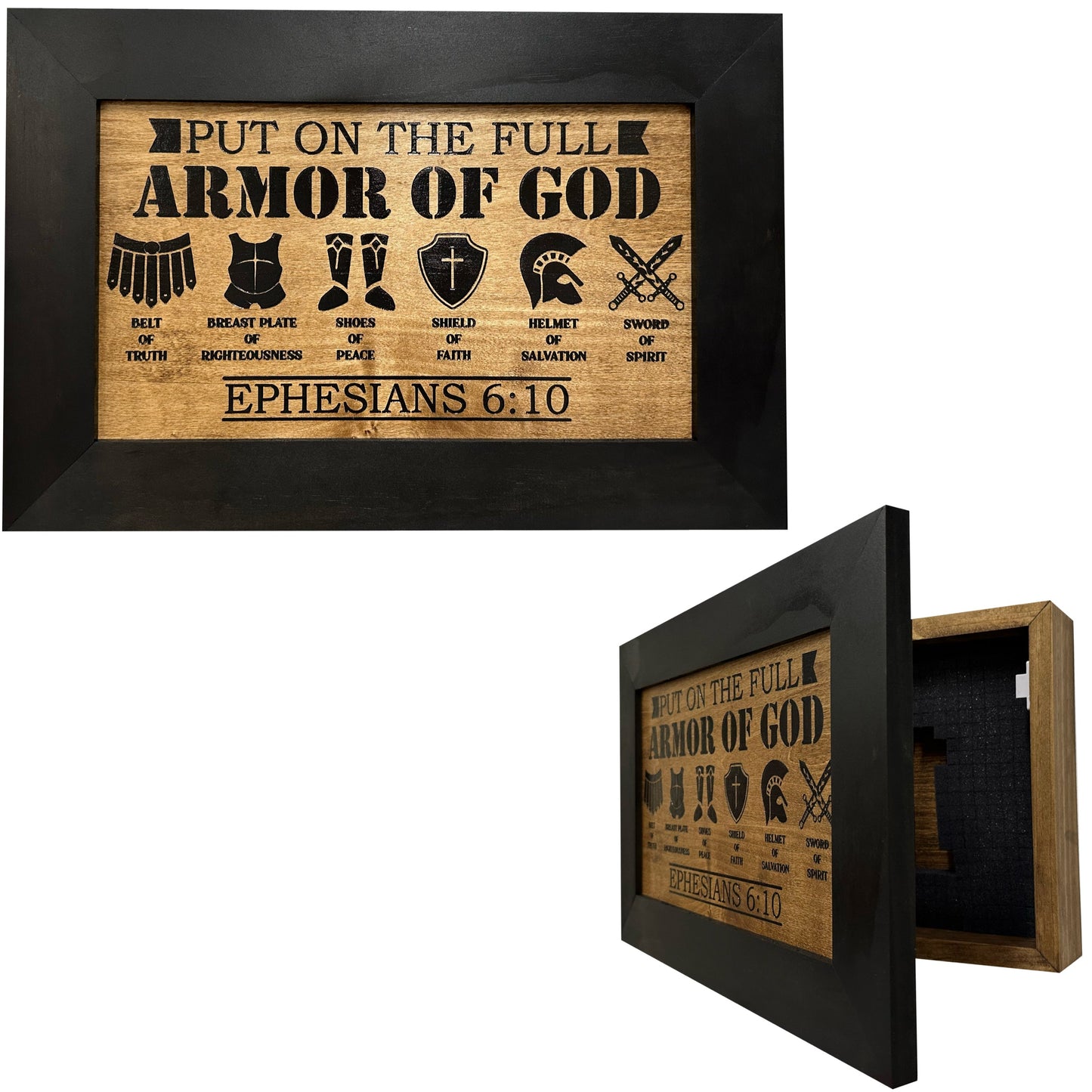 Framed wooden plaque with 'Put on the Full Armor of God' design and Ephesians 6:10 text.