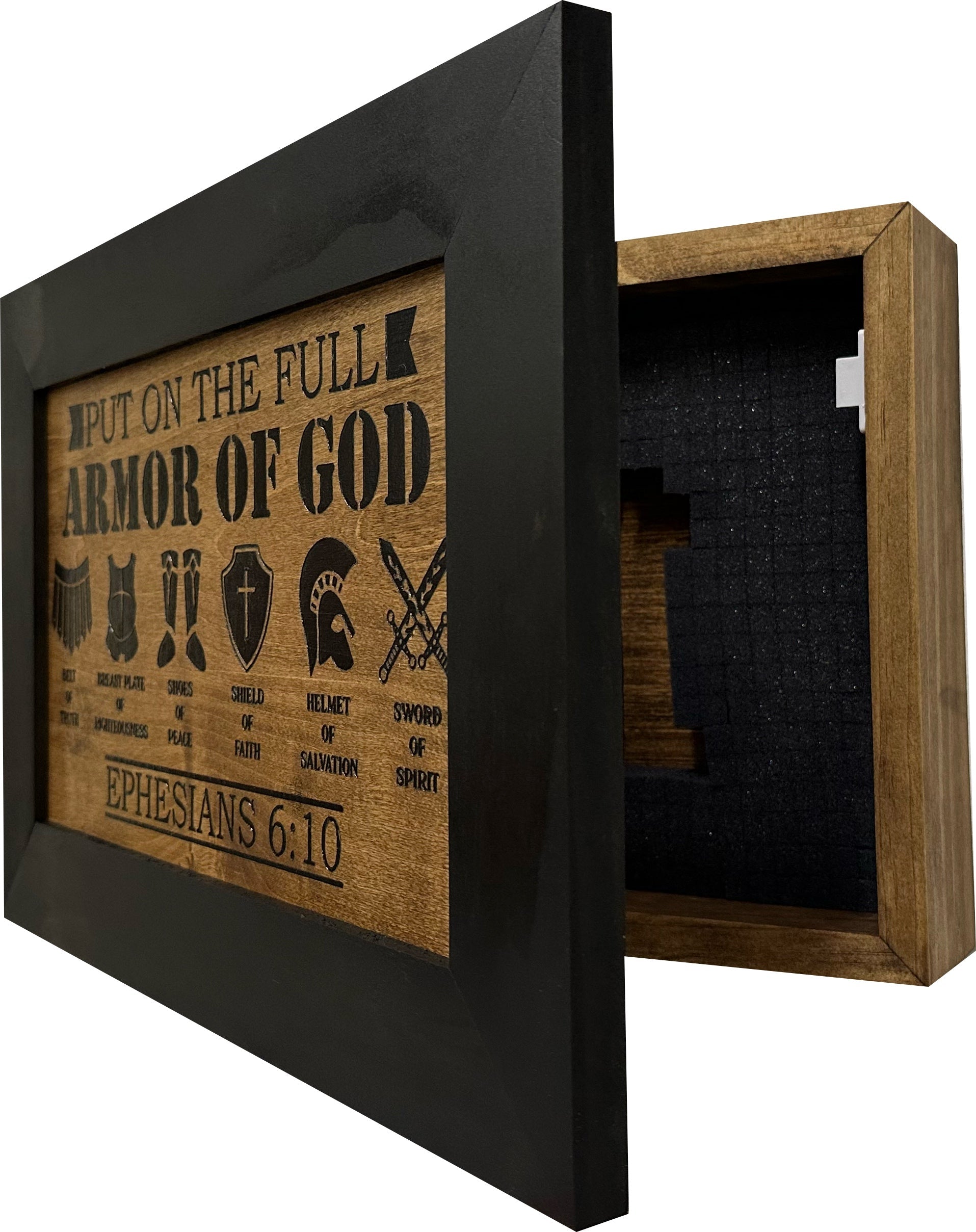 Wooden plaque with 'Put on the Full Armor of God' text and symbols, framed in black.