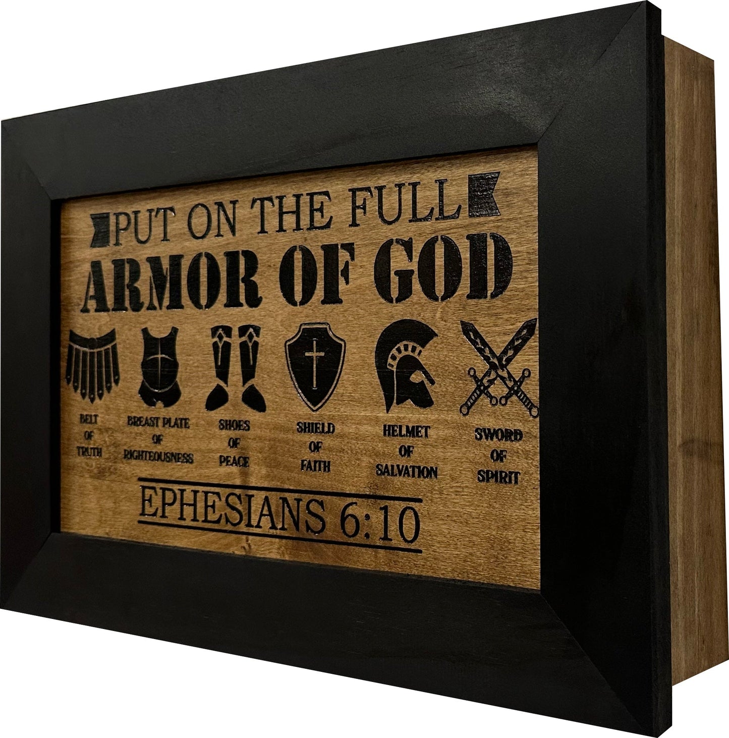 Wooden plaque with 'Armor of God' design and black frame