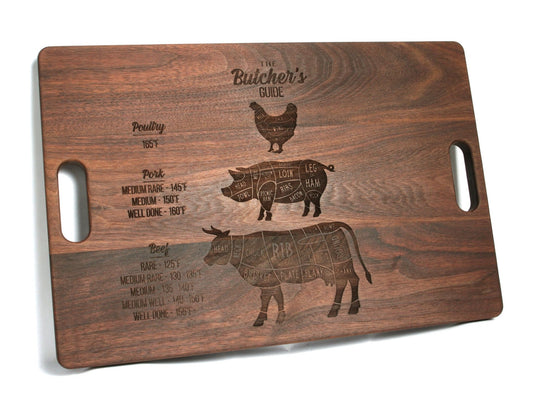 Father’s Day Butcher's Guide Custom Cutting Board, 18" x 12" Walnut Cutting Board, Juice Groove, Serving Tray, Gift for Dad, Made in the USA - Hooyah Woodworks LLC