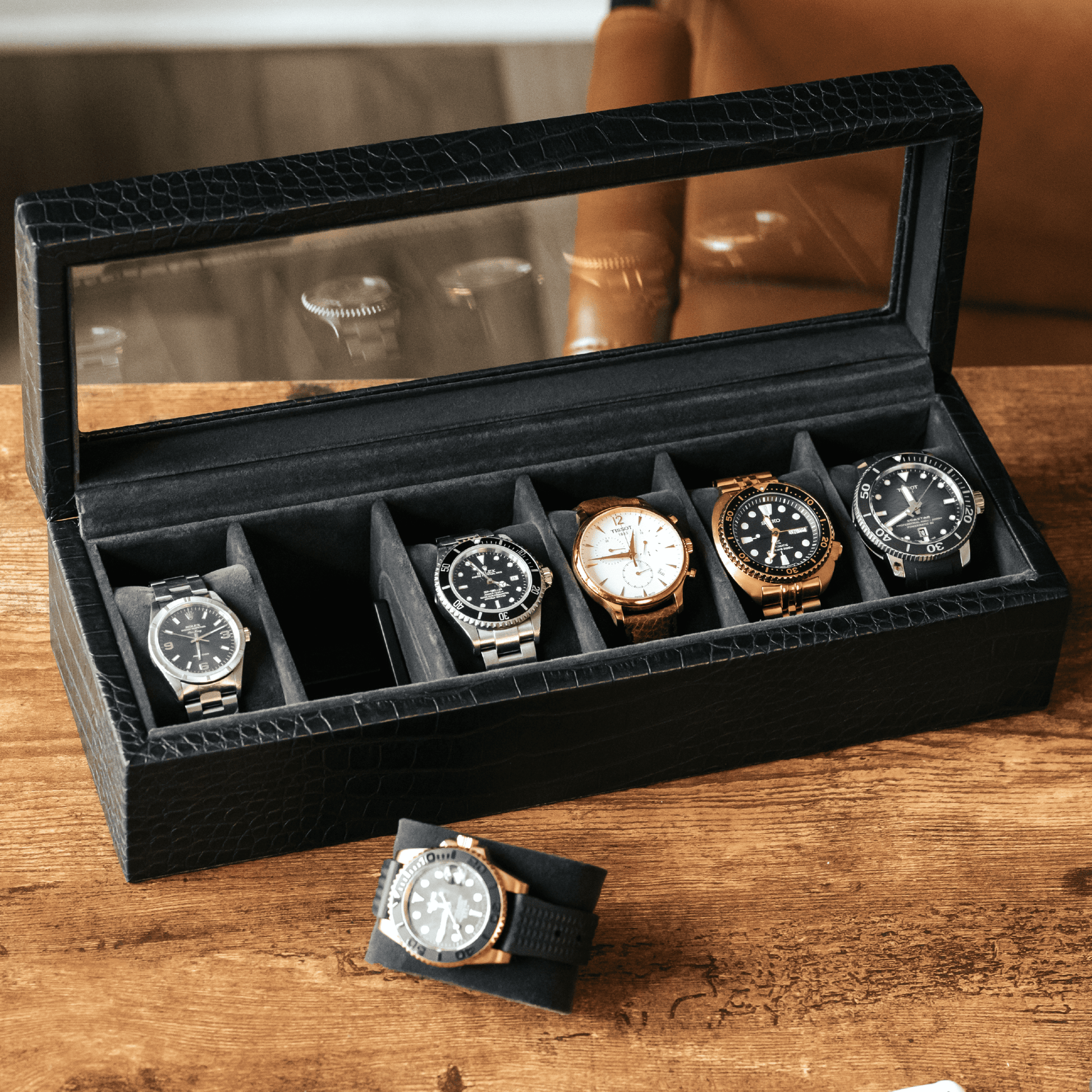 Faux Crocodile Watch Box - 6 Slot - Hooyah Woodworks LLC