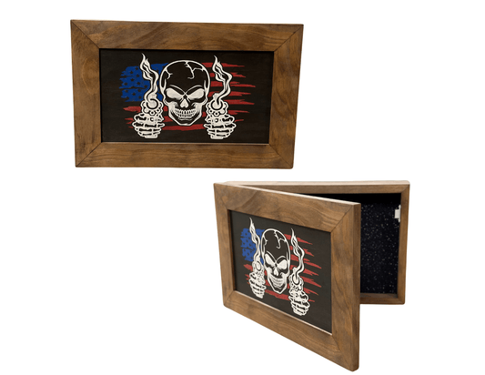 Wooden picture frame with a skull design on a white background