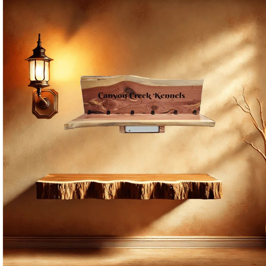 Cedar GPS dog collar charging station hanging on wall. wood sign