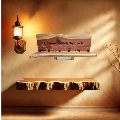 Cedar GPS dog collar charging station hanging on wall. wood sign
