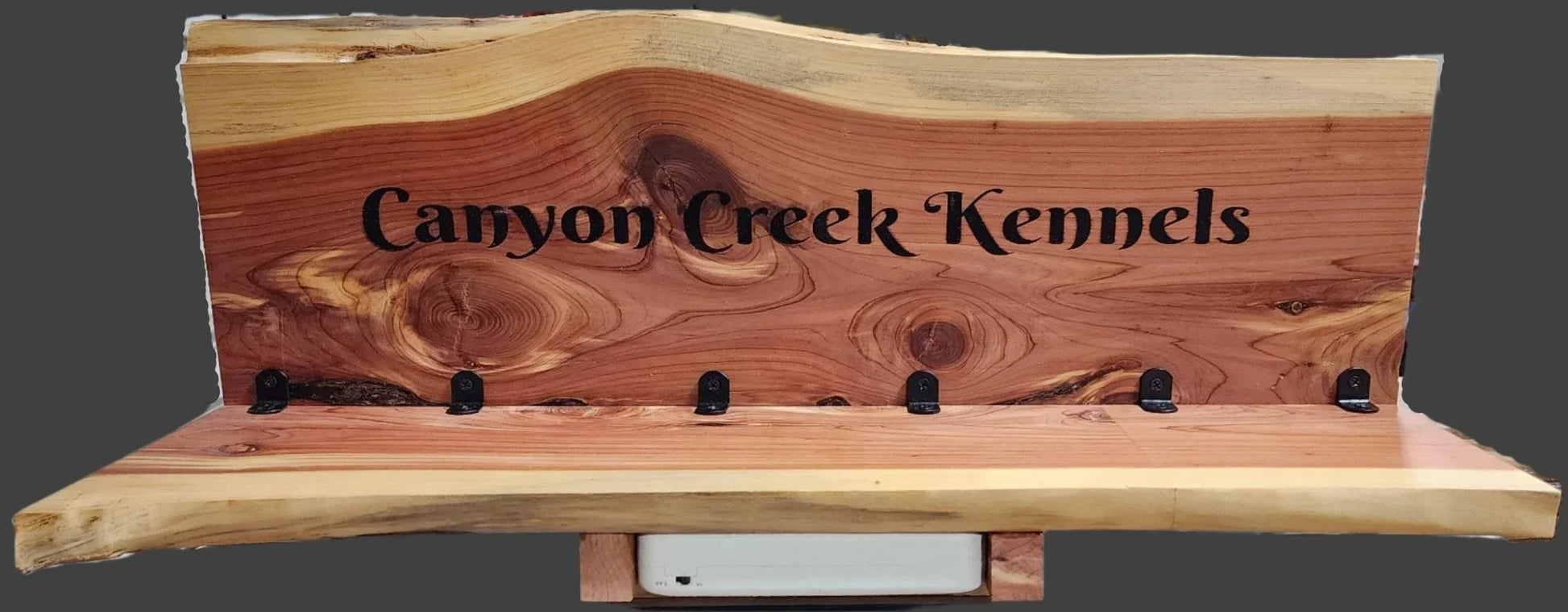 Cedar GPS dog collar charging station close up. wood sign